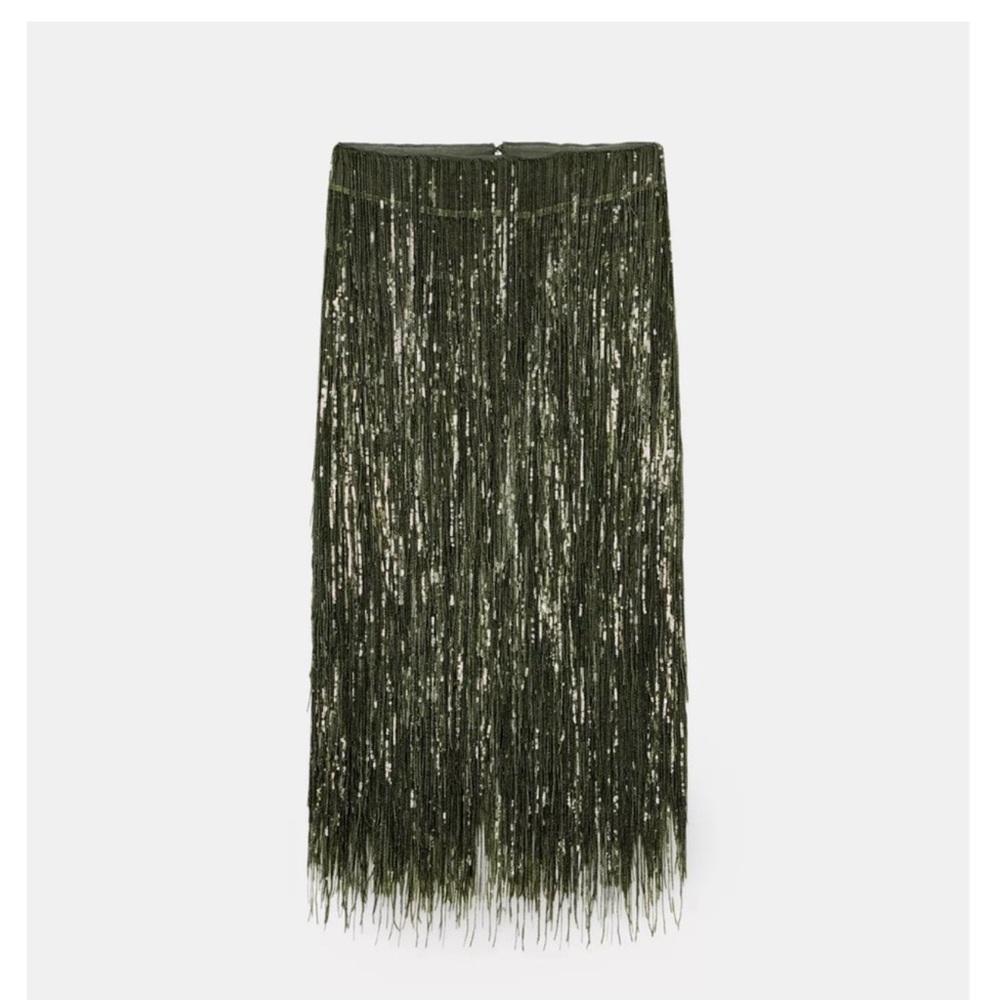 Zara ZW COLLECTION Olive Fringe Sequin Midi Skirt